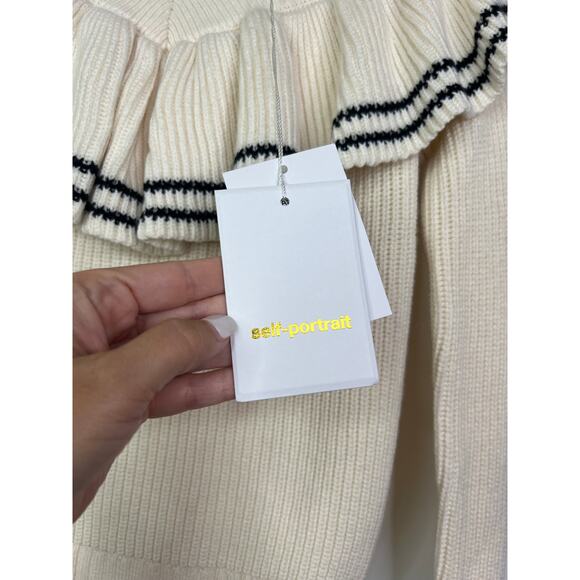 NWT Self-Portrait Striped Off Shoulder Ribbed Ruffled Cream Long Sleeve Sweater - Picture 4 of 8
